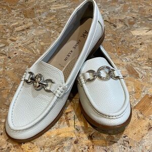 Anne Klein White Loafers with Silver Chain